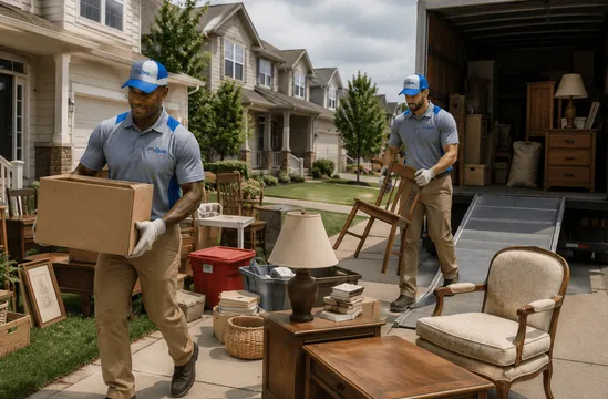 A view of a junk removal team removing furniture, boxes, and household belongings from a residential property in an Illinois neighborhood, providing professional junk removal services with white-glove care