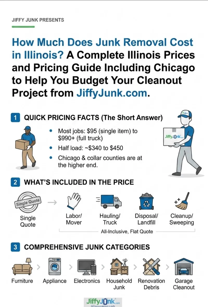 Infographic of How Much Does Junk Removal Cost in Illinois? A Complete Illinois Prices and Pricing Guide Including Chicago to Help You Budget Your Cleanout Project from JiffyJunk.com