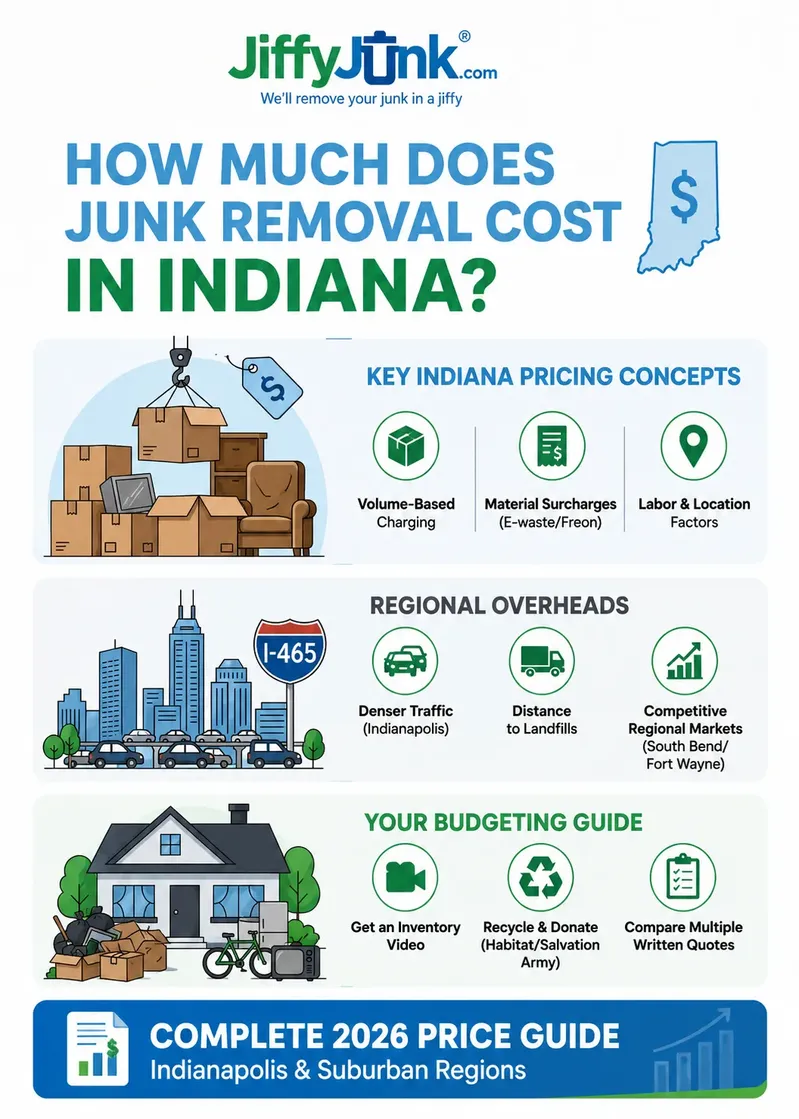 Infographic of How Much Does Junk Removal Cost in Indiana? A Complete Indiana Prices and Pricing Guide Including Indianapolis to Help You Budget Your Cleanout from JiffyJunk.com