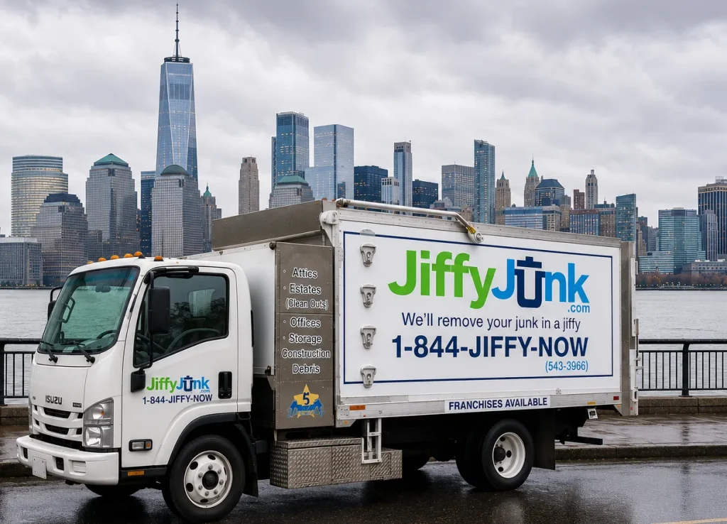 An image of a Jiffy Junk truck parked in New Jersey with the skyline in the background, representing professional junk removal services and local cleanout pricing throughout NJ.