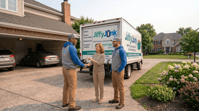 Two professional Jiffy Junk team members wearing branded Jiffy Blue and Jiffy Teal uniforms shake hands with a satisfied homeowner beside a well-maintained, branded truck after delivering White Glove Treatment, illustrating how customers express gratitude through tipping their junk removal crew.