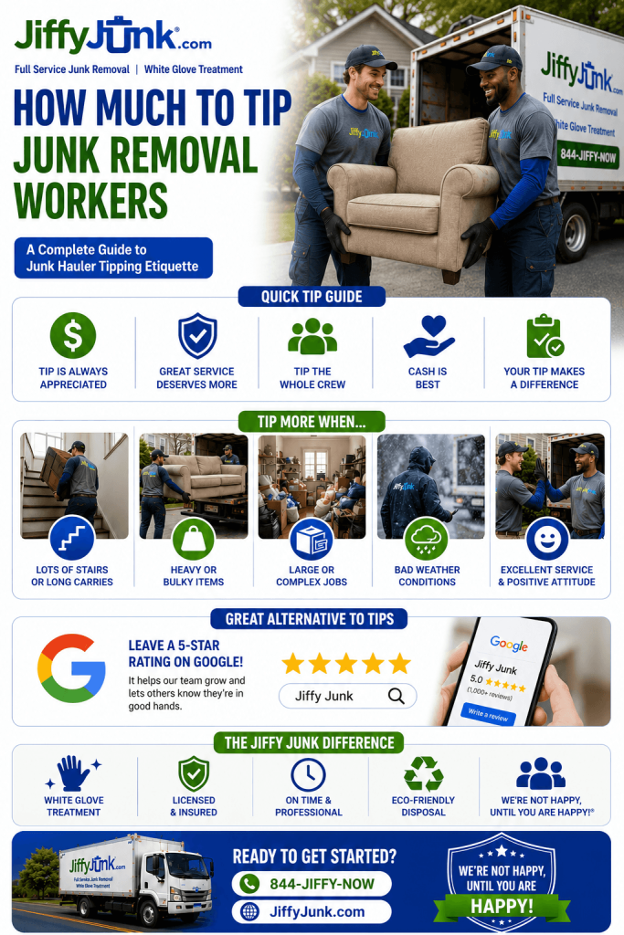 Infographic of How Much to Tip Junk Removal Workers: A Complete Guide to Junk Hauler Tipping Etiquette, Standard Amounts, and When a Tip Is Truly Earned from JiffyJunk.com