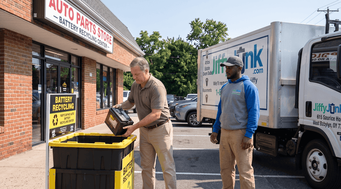 A homeowner carefully transports an old car battery in an upright position to a participating auto parts store recycling center while a professional Jiffy Junk team member wearing branded Jiffy Blue and Jiffy Teal uniform stands beside a well-maintained, branded truck, illustrating safe car battery recycling.