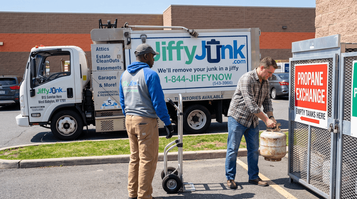 A homeowner carefully secures an empty propane tank in an upright position at a designated propane exchange location while a professional Jiffy Junk team member wearing branded Jiffy Blue and Jiffy Teal uniform stands ready beside a well-maintained, branded truck, illustrating proper propane tank disposal procedures.