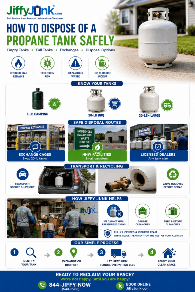 Infographic of How to Dispose of a Propane Tank Safely: Where to Take Empty and Full Tanks, Exchange Programs, and What Junk Removal Companies Will and Will Not Take from JiffyJunk.com