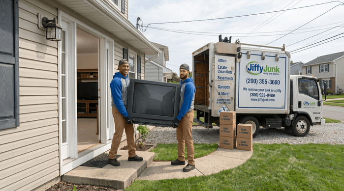 Two professional Jiffy Junk team members wearing branded Jiffy Blue and Jiffy Teal uniforms carefully carry an old large flat-screen television out of a residential living room toward a well-maintained, branded truck, illustrating the safe and convenient way to dispose of bulky electronics.