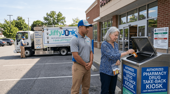 A homeowner carefully drops expired prescription bottles into a clearly marked pharmacy drug take-back kiosk while a professional Jiffy Junk team member wearing branded Jiffy Blue and Jiffy Teal uniform observes beside a well-maintained, branded truck, illustrating safe medication disposal at authorized collection sites.
