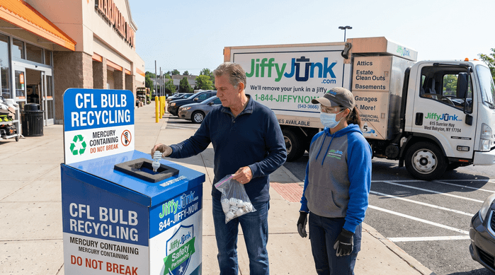A homeowner carefully places a compact fluorescent lightbulb into a designated recycling bin at a hardware store drop-off station while a professional Jiffy Junk team member wearing branded Jiffy Blue and Jiffy Teal uniform stands beside a well-maintained, branded truck, illustrating safe mercury-containing bulb recycling.