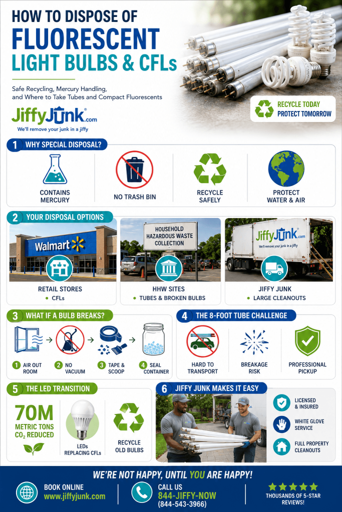 Infographic of How to Dispose of Fluorescent Light Bulbs and CFLs: Safe Recycling, Mercury Handling, and Where to Take Tubes and Compact Fluorescents from JiffyJunk.com