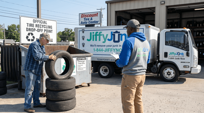 A homeowner stacks four used passenger tires neatly at a participating tire shop recycling collection area while a professional Jiffy Junk team member wearing branded Jiffy Blue and Jiffy Teal uniform observes beside a well-maintained, branded truck, illustrating proper tire disposal options.