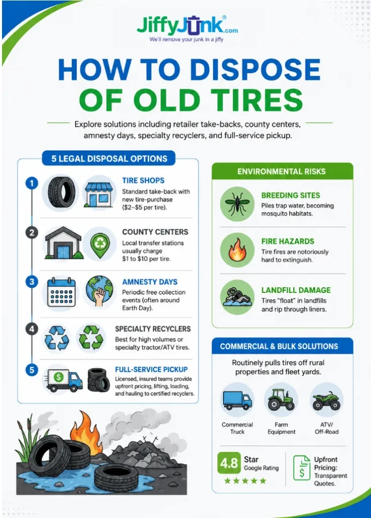 Infographic of How to Dispose of Old Tires: Where to Take Used Tires, Tire Shop Take-Back Programs, and Recycling Options Beyond the Curb from JiffyJunk.com