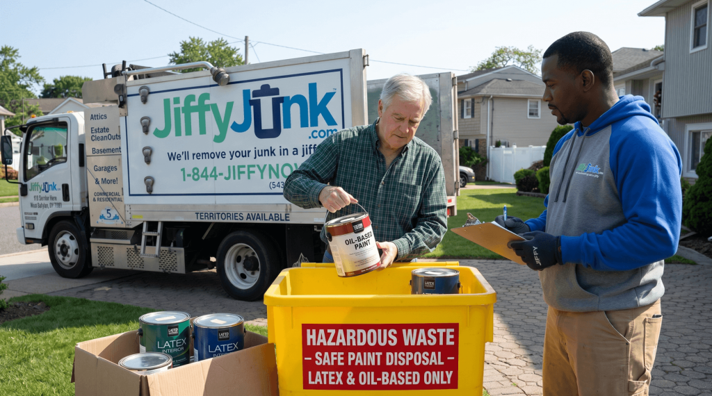 How to Dispose of Paint Safely: A Complete Guide to Latex, Oil-Based, and Spray Paint Disposal, Drying, Donation, and Hazardous-Waste Drop-Off from JiffyJunk.com