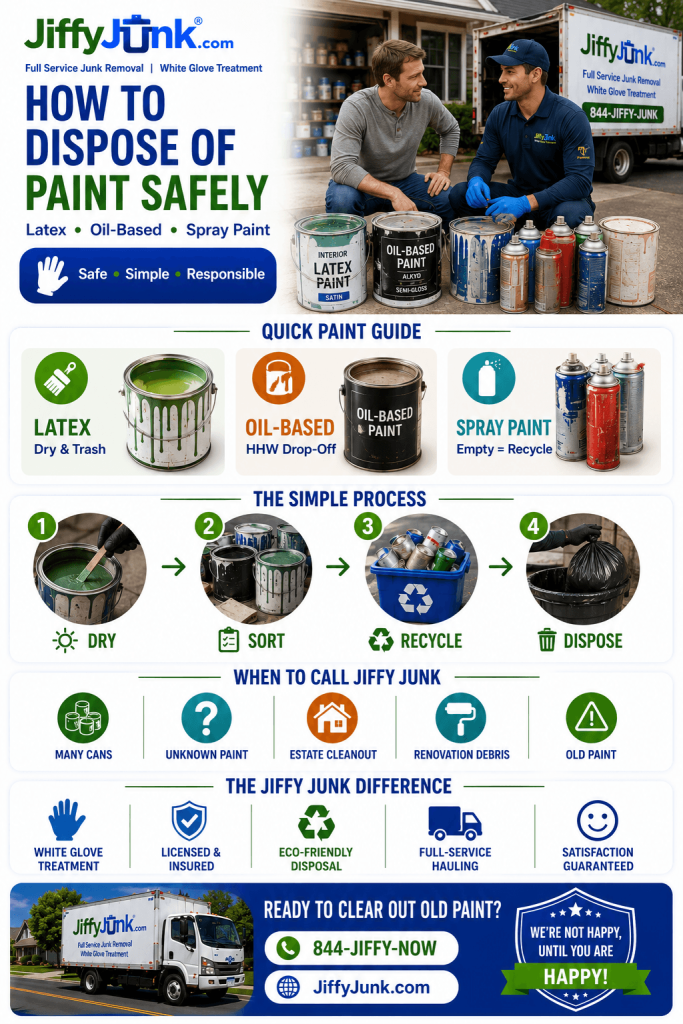 Infographic of How to Dispose of Paint Safely: A Complete Guide to Latex, Oil-Based, and Spray Paint Disposal, Drying, Donation, and Hazardous-Waste Drop-Off from JiffyJunk.com