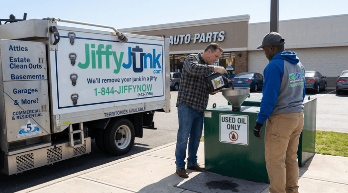 A homeowner pours used motor oil from a sealed container into a designated recycling tank at an auto parts store while a professional Jiffy Junk team member wearing branded Jiffy Blue and Jiffy Teal uniform observes beside a well-maintained, branded truck, illustrating proper used oil recycling practices.