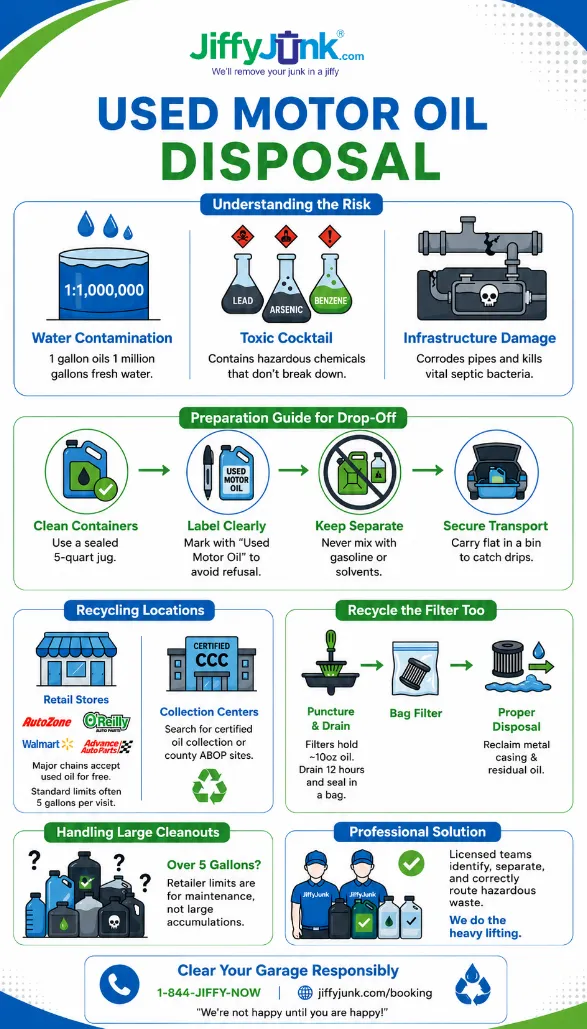 Infographic of How to Dispose of Used Motor Oil and Oil Filters Safely: Where to Recycle, What Auto Stores Accept, and Why You Should Never Pour It Down the Drain from JiffyJunk.com