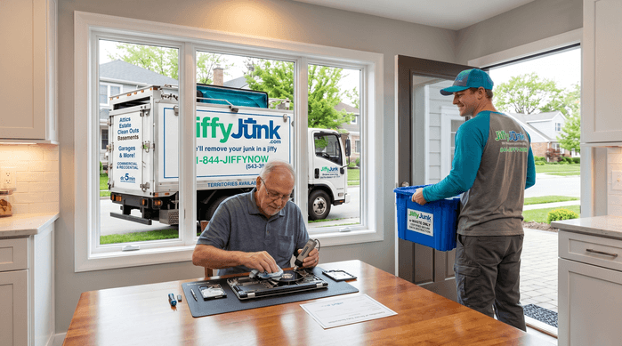 A homeowner carefully wipes a laptop hard drive at a kitchen table while a professional Jiffy Junk team member wearing branded Jiffy Blue and Jiffy Teal uniform stands ready with a labeled e-waste bin beside a well-maintained, branded truck, illustrating secure computer disposal with proper data destruction.