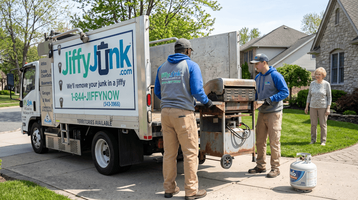 Two professional Jiffy Junk team members wearing branded Jiffy Blue and Jiffy Teal uniforms carefully load an old propane grill onto a well-maintained, branded truck after the homeowner has properly disconnected the tank, illustrating safe outdoor grill disposal practices.