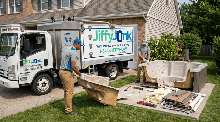 Two professional Jiffy Junk team members wearing branded Jiffy Blue and Jiffy Teal uniforms carefully demolish and load pieces of a drained backyard hot tub into a well-maintained, branded truck, illustrating the professional approach to hot tub removal and disposal.