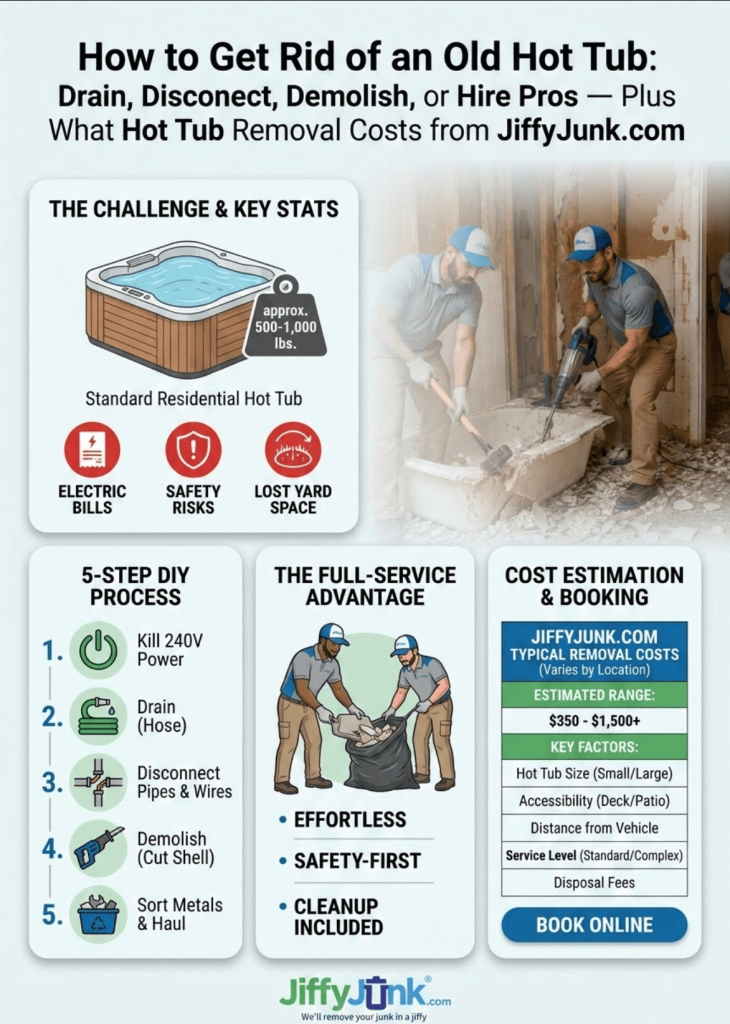 Infographic of How to Get Rid of an Old Hot Tub: Drain, Disconnect, Demolish, or Hire Pros — Plus What Hot Tub Removal Costs from JiffyJunk.com
