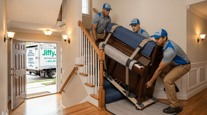Three professional Jiffy Junk team members wearing branded Jiffy Blue and Jiffy Teal uniforms use specialty equipment to safely move a heavy upright piano down a residential staircase toward a well-maintained, branded truck, illustrating the expertise required for professional piano removal.