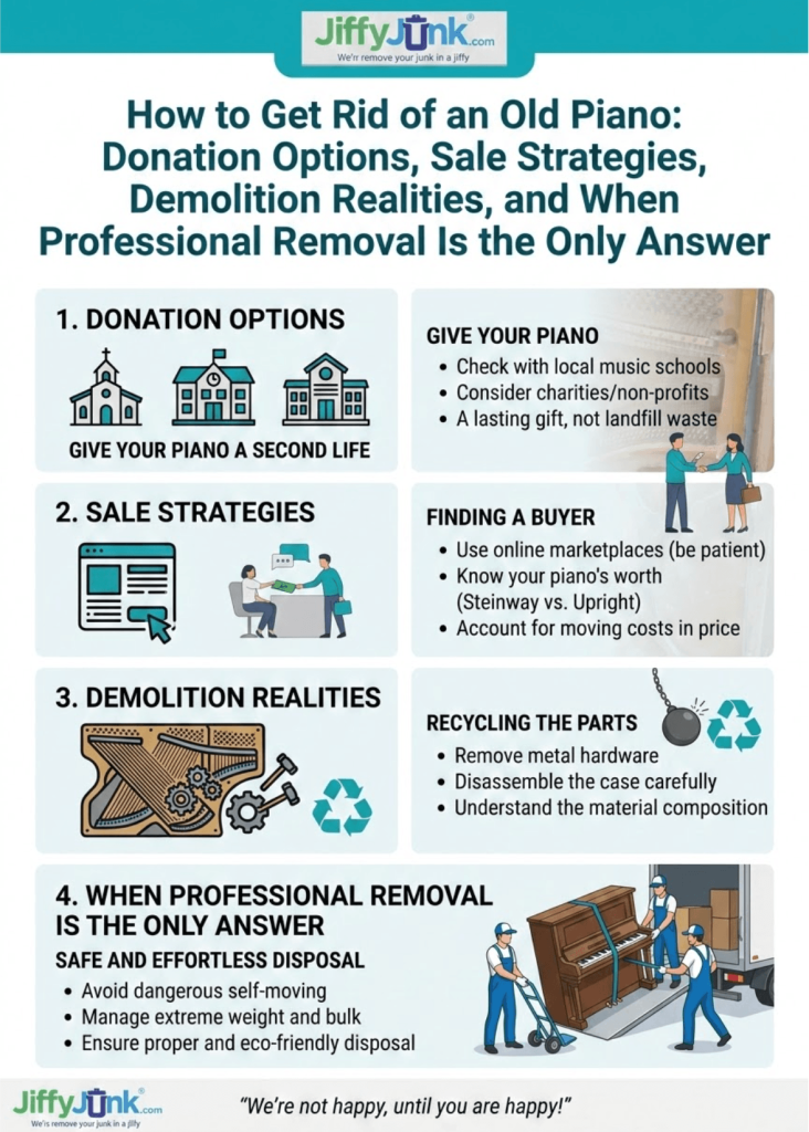 Infographic of How to Get Rid of an Old Piano: Donation Options, Sale Strategies, Demolition Realities, and When Professional Removal Is the Only Answer from JiffyJunk.com