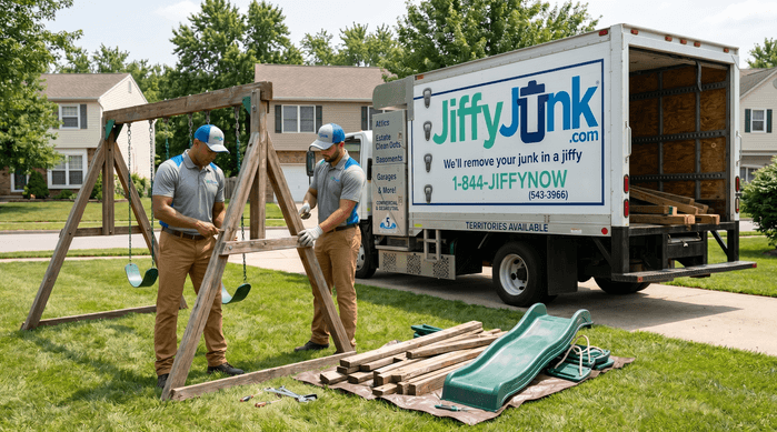 Two professional Jiffy Junk team members wearing branded Jiffy Blue and Jiffy Teal uniforms carefully disassemble and load pieces of a wooden backyard swing set into a well-maintained, branded truck, illustrating the easy way to clear outgrown play equipment.