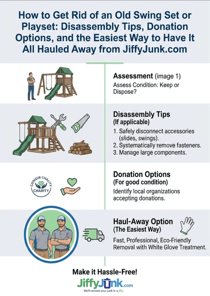 Infographic of How to Get Rid of an Old Swing Set or Playset: Disassembly Tips, Donation Options, and the Easiest Way to Have It All Hauled Away from JiffyJunk.com
