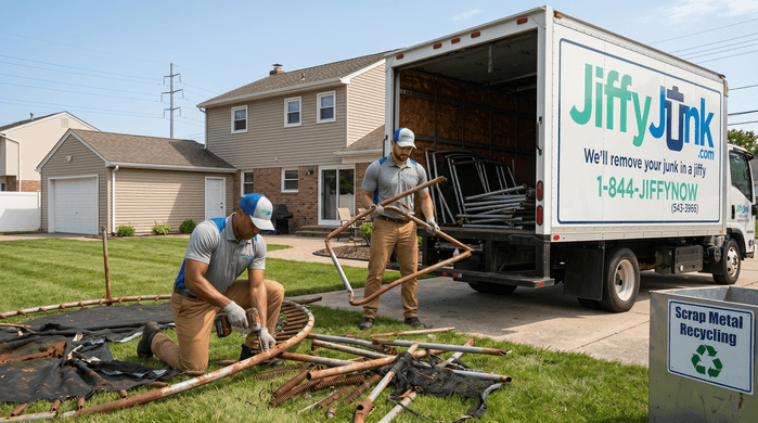 Two professional Jiffy Junk team members wearing branded Jiffy Blue and Jiffy Teal uniforms carefully disassemble a rusted backyard trampoline frame and load the metal pieces into a well-maintained, branded truck, illustrating proper trampoline disposal and metal recycling.