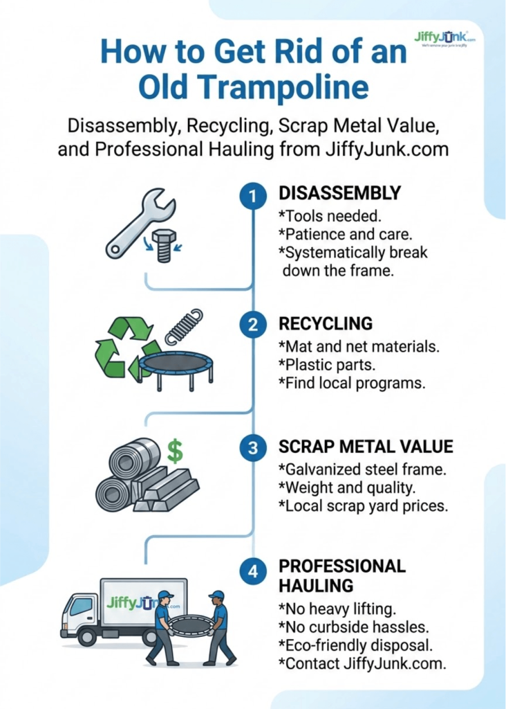 Infographic of How to Get Rid of an Old Trampoline: Disassembly, Recycling, Scrap Metal Value, and Professional Hauling from JiffyJunk.com