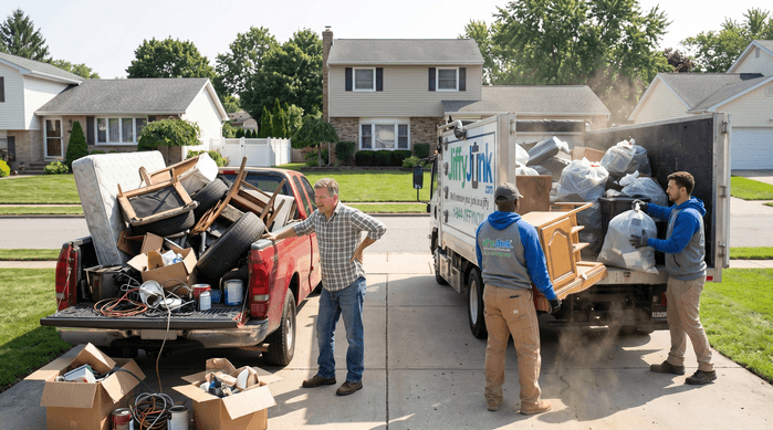A homeowner stands beside an overflowing personal pickup truck with a strained back posture while two professional Jiffy Junk team members wearing branded Jiffy Blue and Jiffy Teal uniforms calmly load a similar pile into a well-maintained, branded truck, illustrating the value comparison between DIY hauling and professional junk removal.
