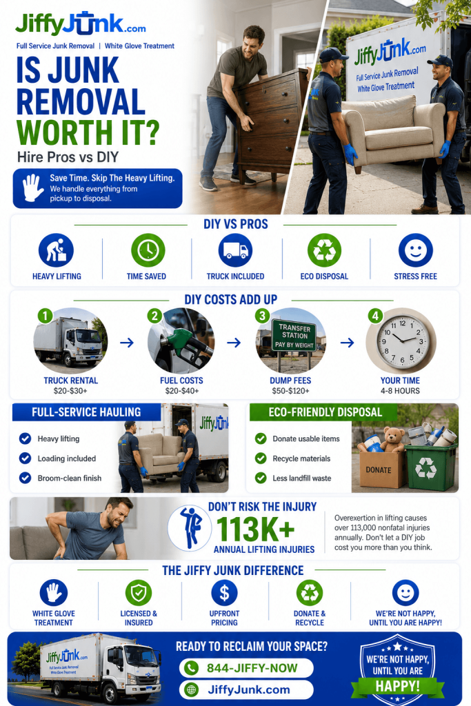 Infographic of Is Junk Removal Worth It? When to Hire Pros vs. DIY, the Real Cost of Doing It Yourself, and the Hidden Value of Full-Service Hauling from JiffyJunk.com