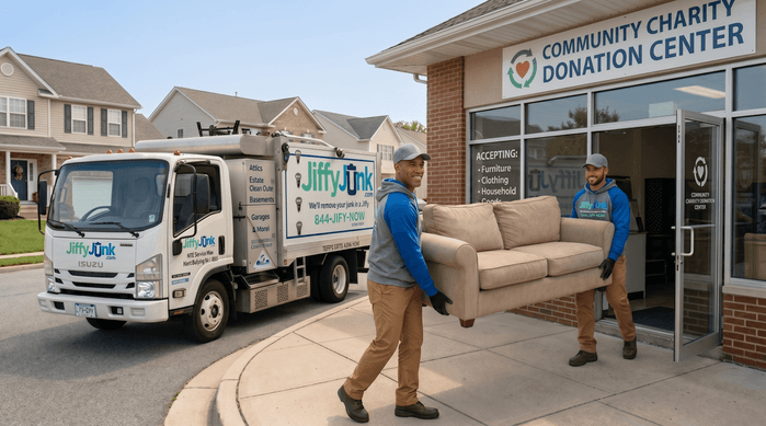 A professional Jiffy Junk team member wearing branded Jiffy Blue and Jiffy Teal uniform carefully carries a gently used sofa from a residential home into a charity donation center while a well-maintained, branded truck waits outside, illustrating the company's commitment to donating items whenever possible.