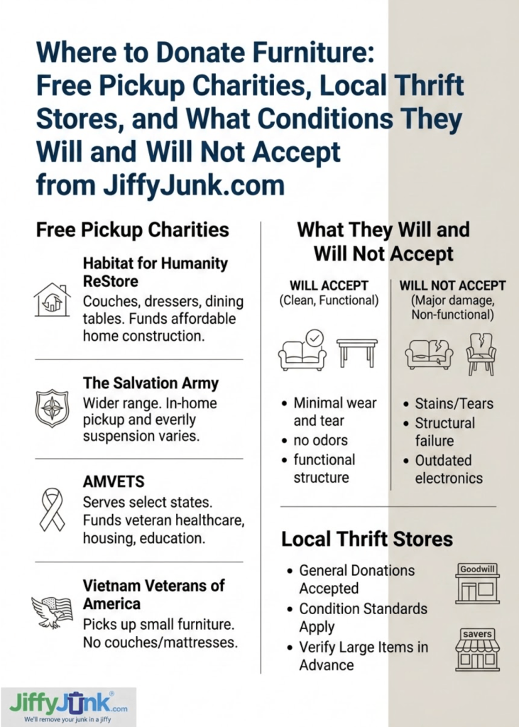 Infographic of Where to Donate Furniture: Free Pickup Charities, Local Thrift Stores, and What Conditions They Will and Will Not Accept from JiffyJunk.com