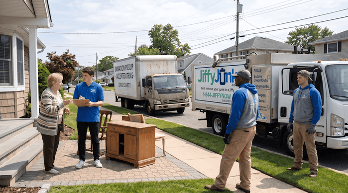 A homeowner stands in a doorway speaking with a charity volunteer beside a donation pickup truck while in the background, two professional Jiffy Junk team members wearing branded Jiffy Blue and Jiffy Teal uniforms wait beside a well-maintained, branded truck as the affordable backup option, illustrating realistic free furniture removal options.
