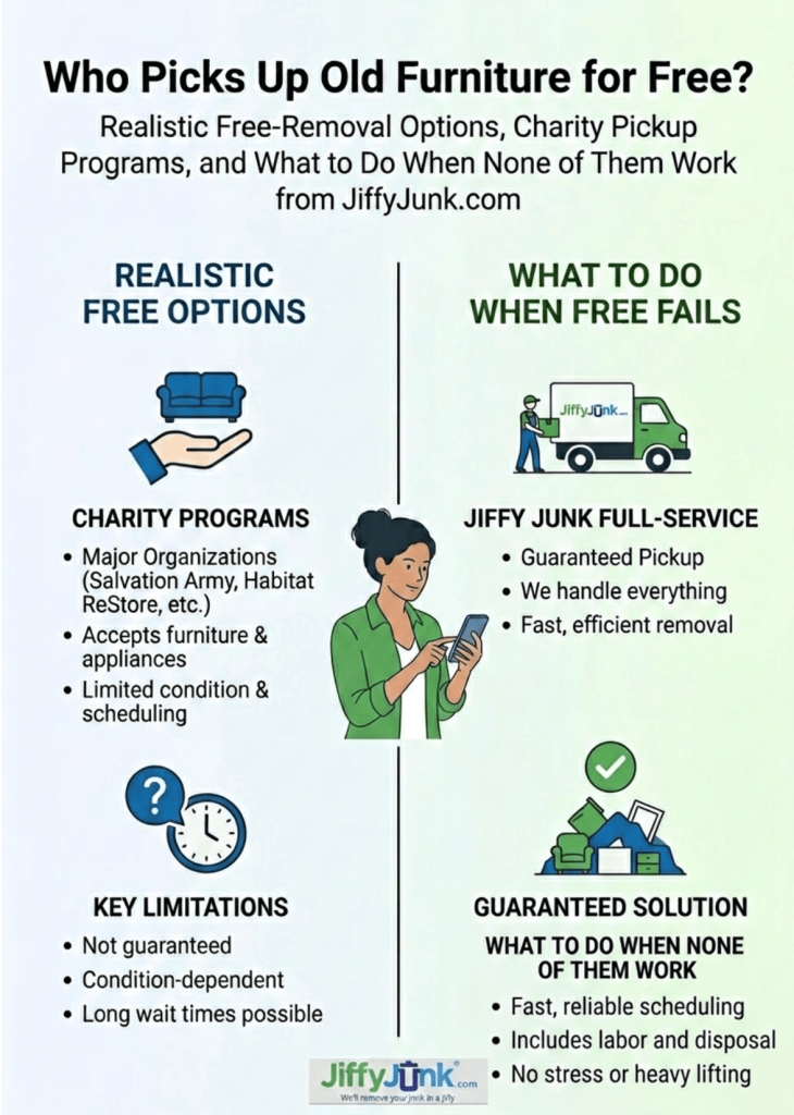 Infographic of Who Picks Up Old Furniture for Free? Realistic Free-Removal Options, Charity Pickup Programs, and What to Do When None of Them Work from JiffyJunk.com