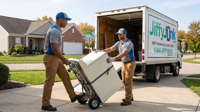Professionals from Jiffy Junk wearing branded Jiffy Blue and Jiffy Teal uniforms carefully load an old appliance onto a hand truck and toward a well-maintained, branded truck, delivering the White Glove Treatment for appliance removal services in Grand Rapids, MI.