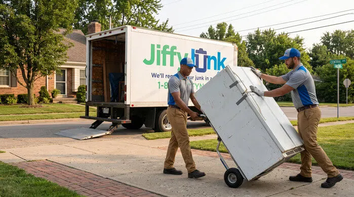 Two professional Jiffy Junk team members wearing branded Jiffy Blue and Jiffy Teal uniforms carefully load an old appliance onto a hand truck and toward a well-maintained, branded truck, delivering the White Glove Treatment for appliance removal services in Toledo, OH.