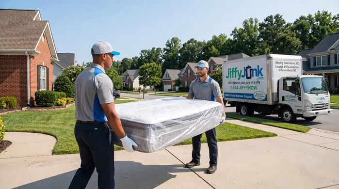 Two professional Jiffy Junk team members wearing branded Jiffy Blue and Jiffy Teal uniforms carry a plastic-wrapped mattress from a home toward a well-maintained, branded truck, delivering the White Glove Treatment for mattress disposal services in The Dumpster In Greensboro, NC.