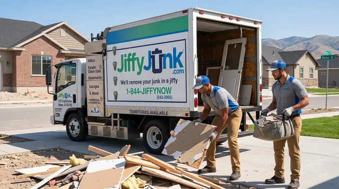 Two professional Jiffy Junk team members wearing branded Jiffy Blue and Jiffy Teal uniforms load construction debris and renovation waste into a well-maintained, branded truck, delivering the White Glove Treatment for construction debris removal services in Boise, ID.