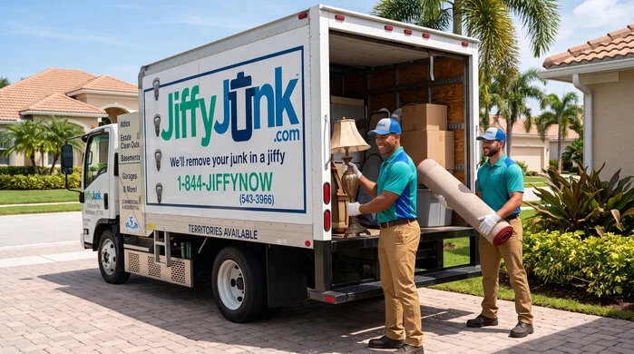 Two professional Jiffy Junk team members wearing branded Jiffy Blue and Jiffy Teal uniforms load household junk into a well-maintained, branded truck, delivering the White Glove Treatment for dumpster rental vs junk removal services in Raton, FL.