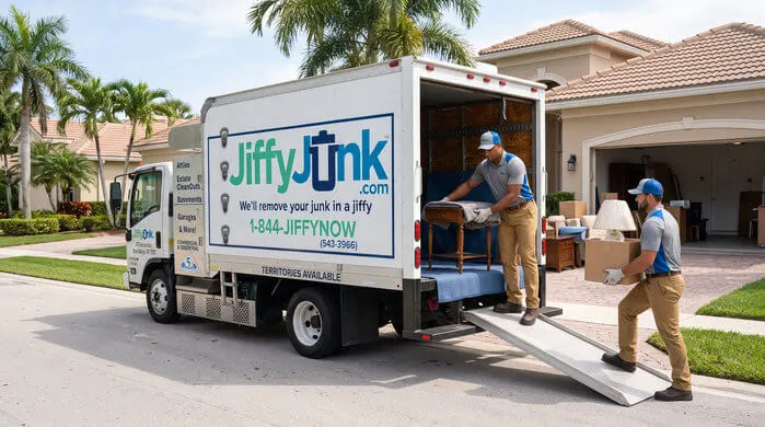 Two professional Jiffy Junk team members wearing branded Jiffy Blue and Jiffy Teal uniforms respectfully clear and carry household belongings from a residential property to a well-maintained, branded truck, delivering the White Glove Treatment for estate cleanout services in Boca Raton, FL.