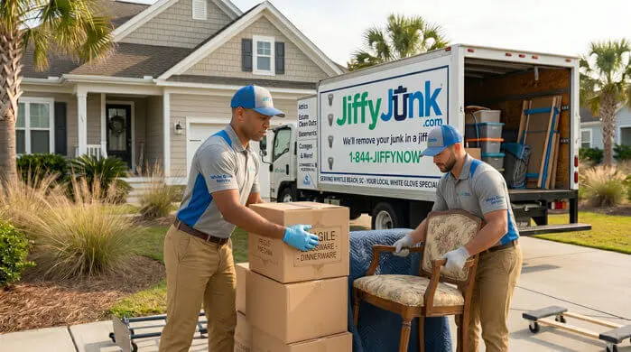Two professional Jiffy Junk team members wearing branded Jiffy Blue and Jiffy Teal uniforms respectfully clear and carry household belongings from a residential property to a well-maintained, branded truck, delivering the White Glove Treatment for estate cleanout services in Myrtle Beach, SC.