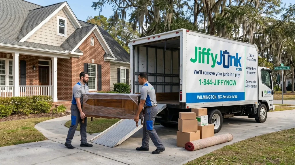 Two professional Jiffy Junk team members wearing branded Jiffy Blue and Jiffy Teal uniforms respectfully clear and carry household belongings from a residential property to a well-maintained, branded truck, delivering the White Glove Treatment for estate cleanout services in Wilmington, NC.
