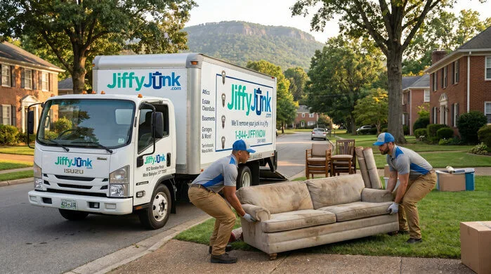 Two professional Jiffy Junk team members wearing branded Jiffy Blue and Jiffy Teal uniforms carefully lift and carry an old sofa and other furniture toward a well-maintained, branded truck, delivering the White Glove Treatment for furniture removal services in Chattanooga, TN.