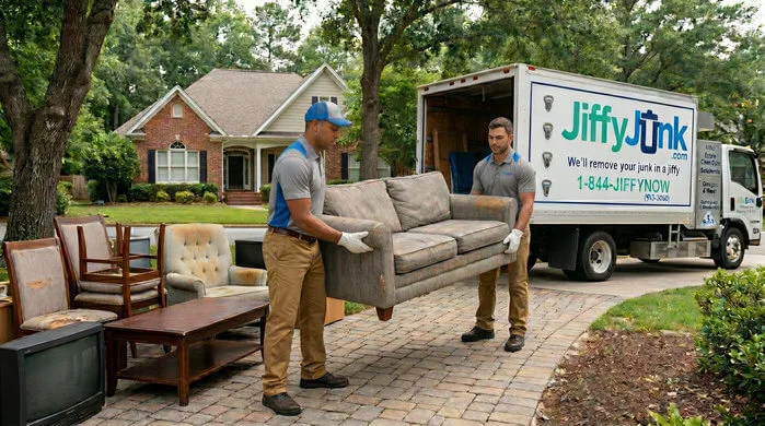 Two professional Jiffy Junk team members wearing branded Jiffy Blue and Jiffy Teal uniforms carefully lift and carry an old sofa and other furniture toward a well-maintained, branded truck, delivering the White Glove Treatment for furniture removal services in Durham, NC.