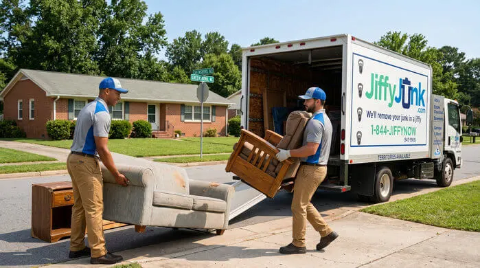 Two professional Jiffy Junk crew members wearing branded Jiffy Blue and Jiffy Teal uniforms carefully lift and carry an old sofa and other furniture toward a well-maintained, branded truck, delivering the White Glove Treatment for furniture removal services in Greensboro, NC.