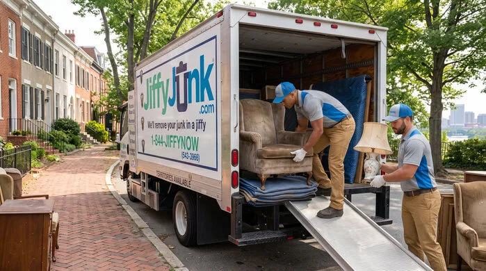 Two professional Jiffy Junk team members wearing branded Jiffy Blue and Jiffy Teal uniforms carefully lift and carry an old sofa and other furniture toward a well-maintained, branded truck, delivering the White Glove Treatment for furniture removal services in Richmond, VA.