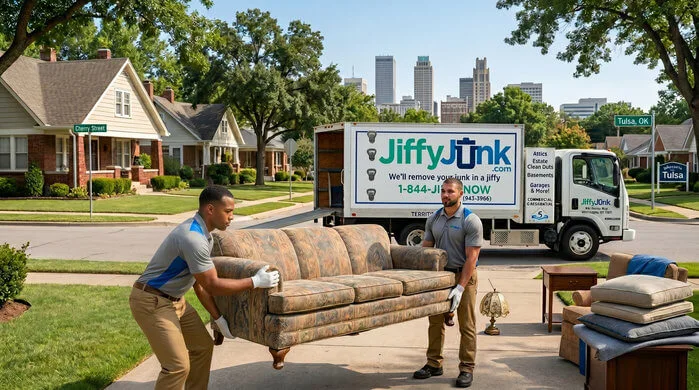 Two professional Jiffy Junk team members wearing branded Jiffy Blue and Jiffy Teal uniforms carefully lift and carry an old sofa and other furniture toward a well-maintained, branded truck, delivering the White Glove Treatment for furniture removal services in Tulsa, OK.