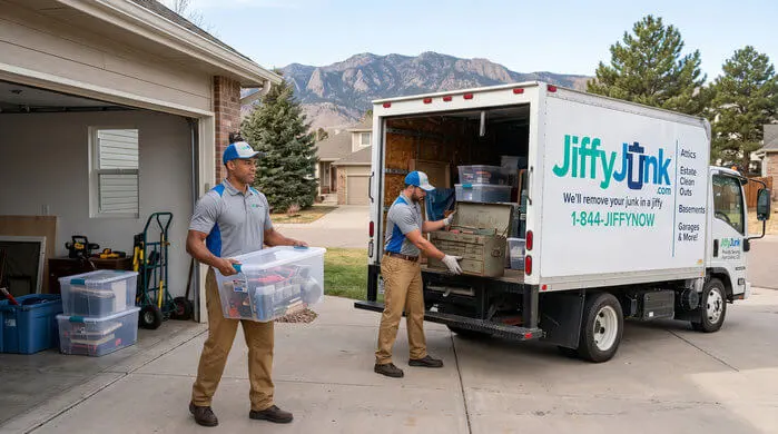 Two professional Jiffy Junk team members wearing branded Jiffy Blue and Jiffy Teal uniforms clear boxes, tools, and clutter from a residential garage and load them onto a well-maintained, branded truck, delivering the White Glove Treatment for garage cleanout services in Fort Collins, CO.