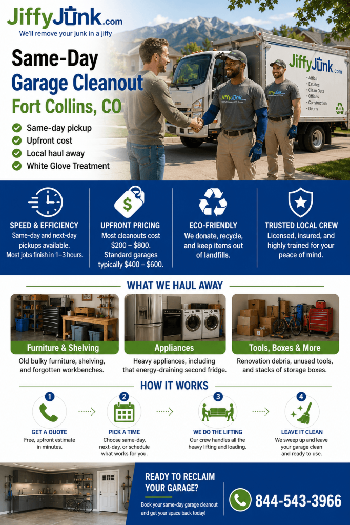 Infographic of Same-Day Garage Cleanout in Fort Collins, CO | Jiffy Junk